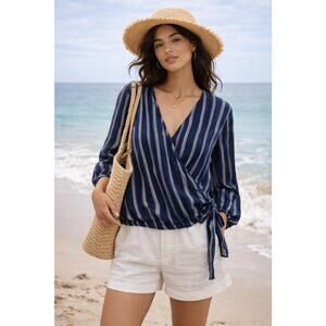 Gap Wrap Blouse Women's XL Striped V Neck Linen Blend Wrap Top Beachy Nautical